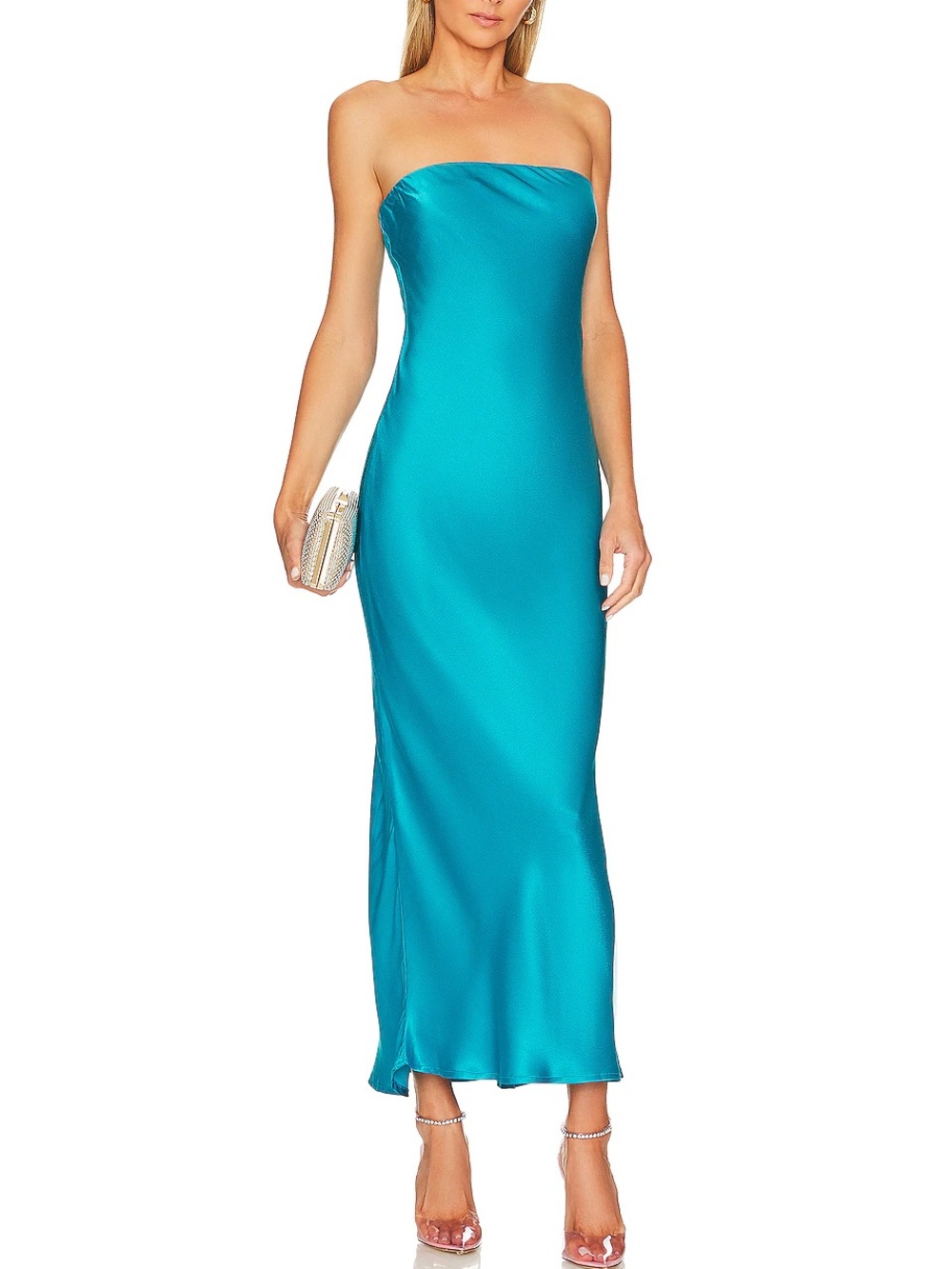 Strapless Satin Maxi Dress in Teal Blue